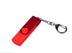 USB-флешка на 16 Гб 3 в 1 поворотный механизм, c двумя дополнительными разъемами MicroUSB и TypeC C с одноцветным металлическим клипом, красный