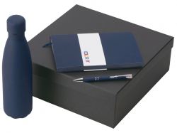 Подарочный набор с блокнотом С1, металлической ручкой и термобутылкой, темно-синий
