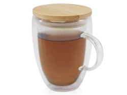Стеклянная кружка Leona объемом 350 мл с бамбуковой крышкой - прозрачный