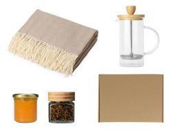 Подарочный набор с пледом, френчпрессом, чаем и вареньем, бежевый