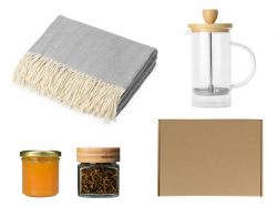 Подарочный набор с пледом, френчпрессом, чаем и вареньем, серый