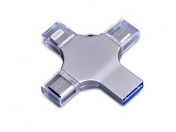 USB-флешка на 256 Гб 4 в 1 поворотный механизм, c дополнительными разъемами MicroUSB, TypeC и Lightning, серебристый