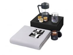 Подарочный набор c пледом, френчпрессом, чаем и медом, серый