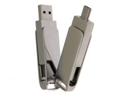 USB-флешка на 64 Гб поворотный механизм 2 в 1, c дополнительным разъемом Type-C с одноцветным металлическим клипом, серый