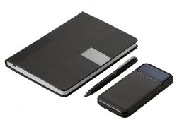 Подарочный набор "Tesla" с блокнотом А5, ручкой и пауэрбенком на 10 000 mAh, черный