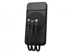 Магнитный беспроводной внешний аккумулятор со встроенными кабелями «Мэни»,быстаря зарядка, 10000 мАч, черный