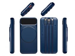 Магнитный беспроводной внешний аккумулятор со встроенными кабелями «Мэни»,быстаря зарядка, 10000 мАч, тёмно-синий