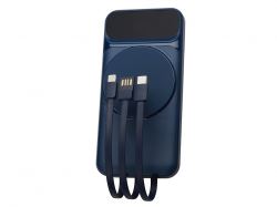 Магнитный беспроводной внешний аккумулятор со встроенными кабелями «Мэни»,быстаря зарядка, 10000 мАч, тёмно-синий