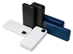 Внешний аккумулятор со встроенными кабелями «Фрэйм Про», быстрая зарядка, 20000мач, тёмно-синий