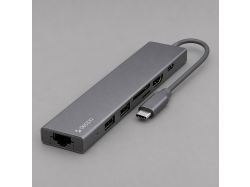 USB Type-C хаб 7-в-1, HDMI, Power Delivery, 2xUSB 3.0, RJ45, microSD/SD, графит, Deppa