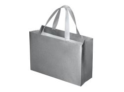 Пакет подарочный с тканевой ламинацией Сатин XL, серебристый 32×23×12 см., серебристые ручки